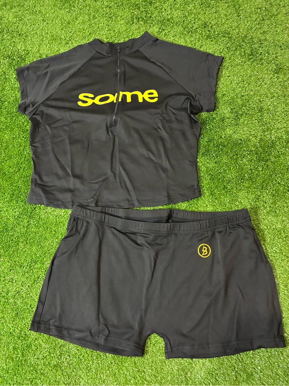 Body by raven x latto Black & Yellow Active Crop Top and Shorts Set
